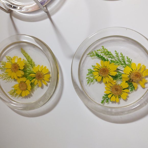 ACRYLIC LUCITE 6 COASTER SET WITH PRESSED DRIED WILDFLOWERS MID CENTURY MODERN - Picture 5 of 7